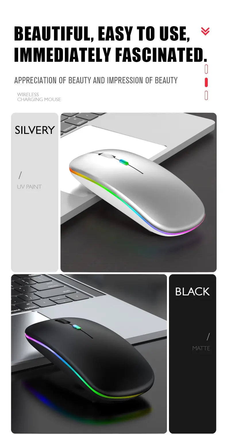 Mouse sem fio LED, fino e recarregável 2,4G